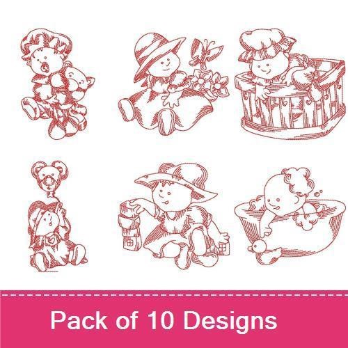 Redwork Vintage Baby Embroidery Designs Bundle – Baby in Cradle, Girl in Hat, Cooking Baby & More (10 Designs)