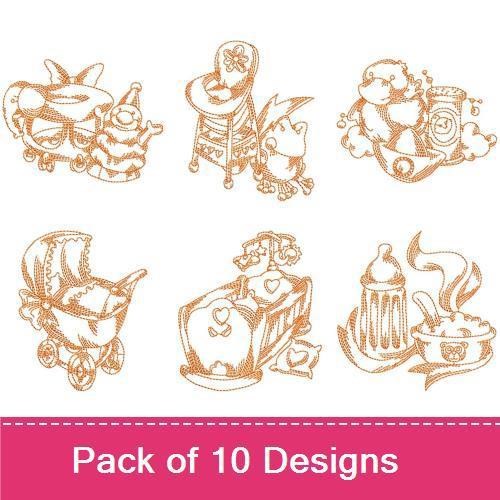 Redwork Vintage Baby Items Embroidery Bundle – Baby Carriage, Rattle, Bottle & More (10 Designs)