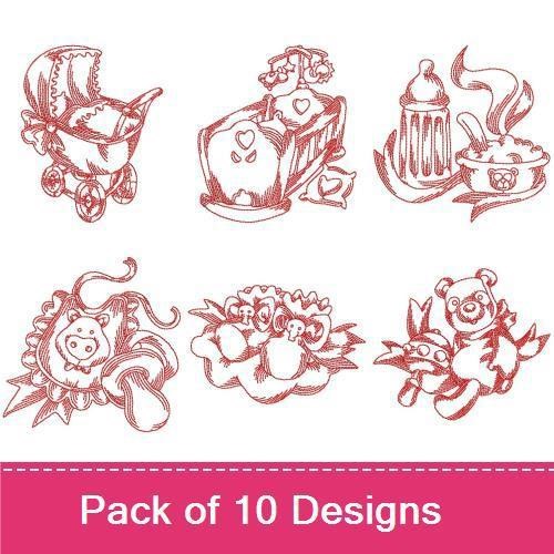 Redwork Vintage Baby Items Embroidery Designs Bundle – Baby Cradle, Teddy Bear Stack, Baby Bottle & More (10 Designs)