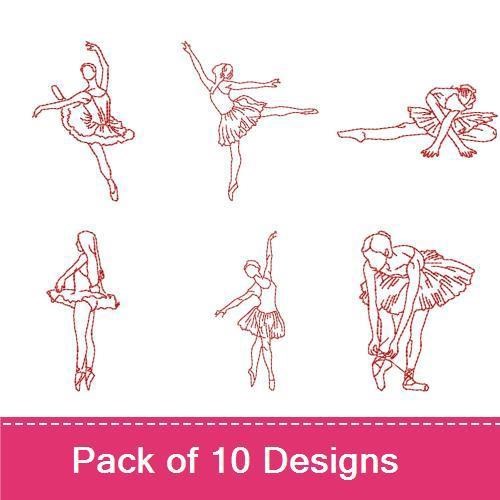 Redwork Elegant Ballet Dancers Embroidery Designs Bundle – Ballet Dancer with Tiara, Dancer in First Position & More (10 Designs)