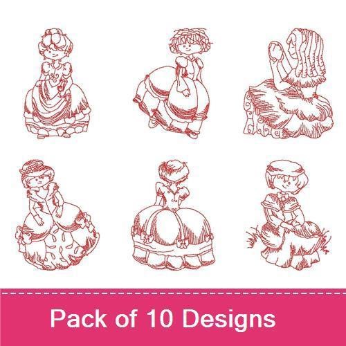 Redwork Vintage Victorian Ladies Embroidery Designs Bundle – Victorian Lady Seated, Standing, with Hat & More (10 Designs)