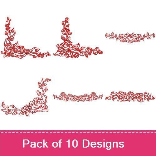 Redwork Elegant Red Roses Embroidery Designs Bundle – Red Rose Corner, Red Rose Border, Red Rose Accent & More (10 Designs)