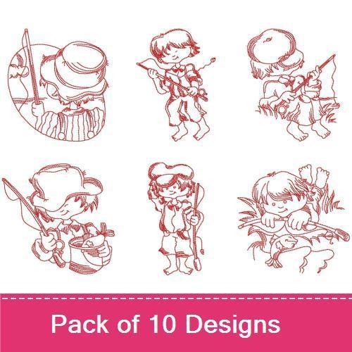 Redwork Vintage Fishing Boys Embroidery Designs Bundle – Fishing Boy with Rod, Tackle, Holding His Catch & More (10 Designs)