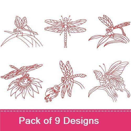 Redwork Dragonflies & Butterflies Embroidery Designs Bundle – Dragonfly on Flower, Butterfly with Floral Detail & More (9 Designs)
