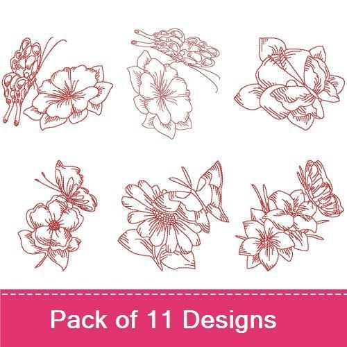 Redwork Floral and Butterfly Embroidery Designs Bundle – Butterfly with Flowers, Single Flower with Leaves, & More (11 Designs)