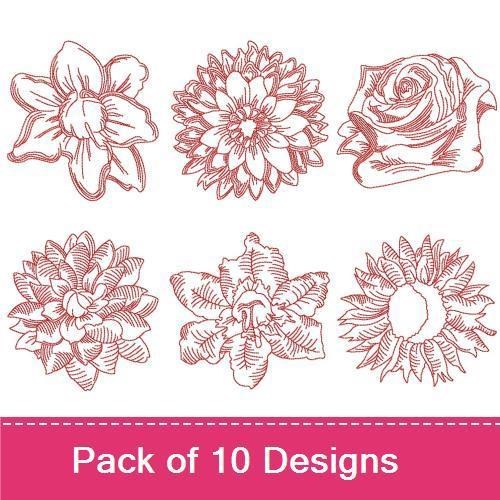 Redwork Elegant Floral Embroidery Bundle – Rose, Daffodil, Dahlia & More (10 Designs)
