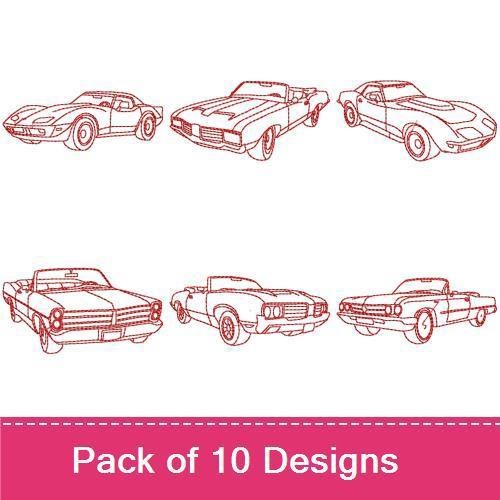 Redwork Classic Cars Embroidery Designs Bundle – Corvette, Convertible, Classic Sedan & More (10 Designs)