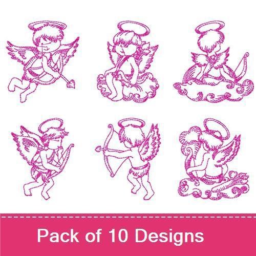 Redwork Cupid Angel Embroidery Designs Bundle – Cupid with Arrow, Sitting, Playing Harp & More (10 Designs)
