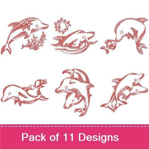 Redwork Playful Dolphins Embroidery Designs Bundle – Dolphin with Sun, Swimming Dolphin, Dolphin Jumping & More (11 Designs)