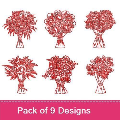 Redwork Floral Bouquet Embroidery Designs Bundle – Floral Bouquet with Ribbon, Large Floral Bouquet, Wildflower Bouquet & More (9 Designs)