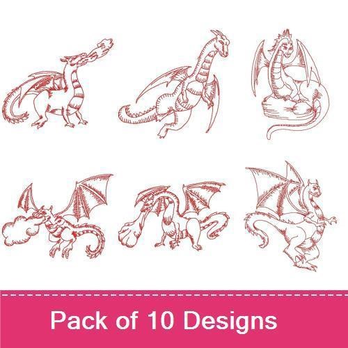 Redwork Dragon Embroidery Designs Bundle – Fire Breathing Dragon, Flying Dragon, Sitting Dragon & More (10 Designs)