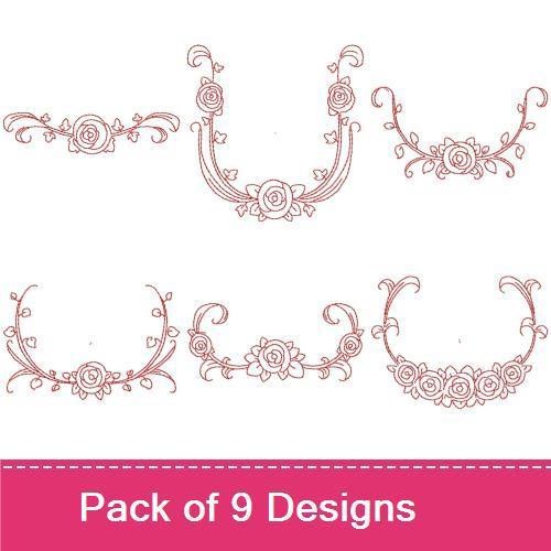Redwork Elegant Rose Vine Embroidery Designs Bundle – Rose Vine Border, Large Rose Centerpiece & More (9 Designs)