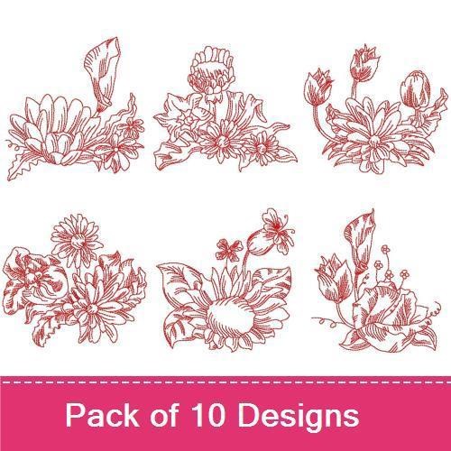 Redwork Floral Embroidery Designs Bundle – Calla Lily, Lotus Flower, Dandelion & More (10 Designs)