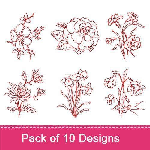 Redwork Floral Embroidery Designs Bundle – Floral Arrangement, Daffodil Bloom, Peony Outline & More (10 Designs)