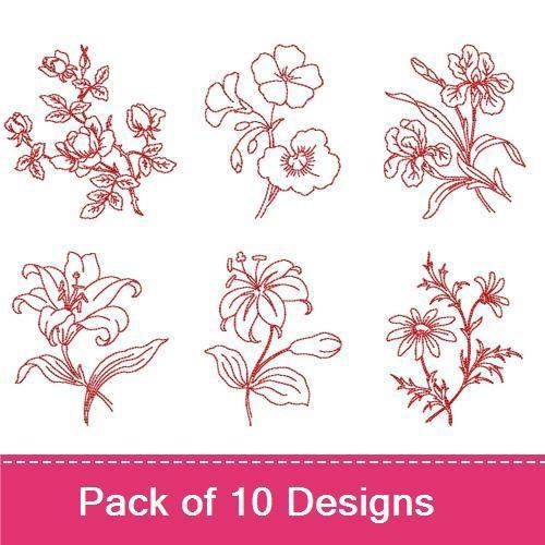 Redwork Floral Embroidery Designs Bundle – Daisy Bouquet, Flowering Vine, Lily Arrangement & More (10 Designs)