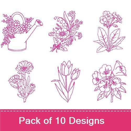 Redwork Floral Embroidery Designs Bundle – Watering Can with Flowers, Floral Basket, Flower Wreath & More (10 Designs)