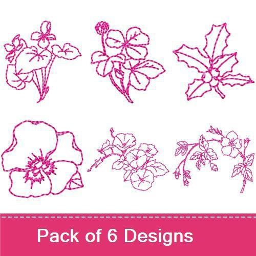 Redwork Floral Embroidery Designs Bundle – Holly Leaf, Violet Flower, Pansy Flower & More (6 Designs)