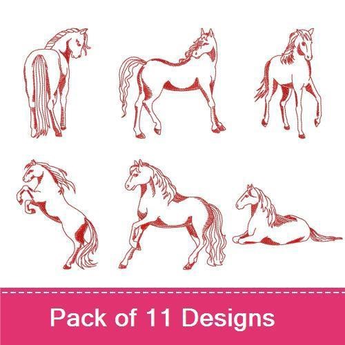 Redwork Elegant Horses Embroidery Designs Bundle – Rearing Horse, Trotting Horse, Standing Horse & More (11 Designs)