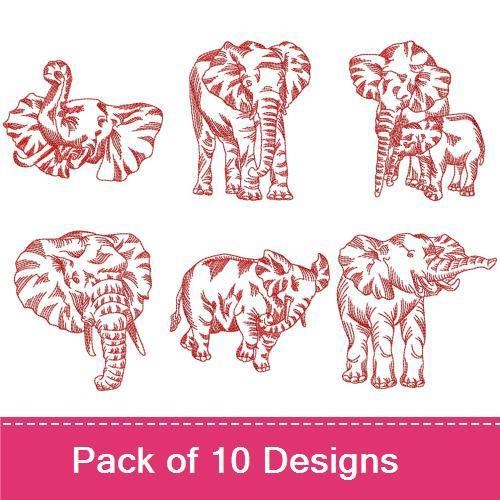 Redwork Elegant Elephant Embroidery Designs Bundle – Elephant Head, Mother and Baby Elephant, & More (10 Designs)