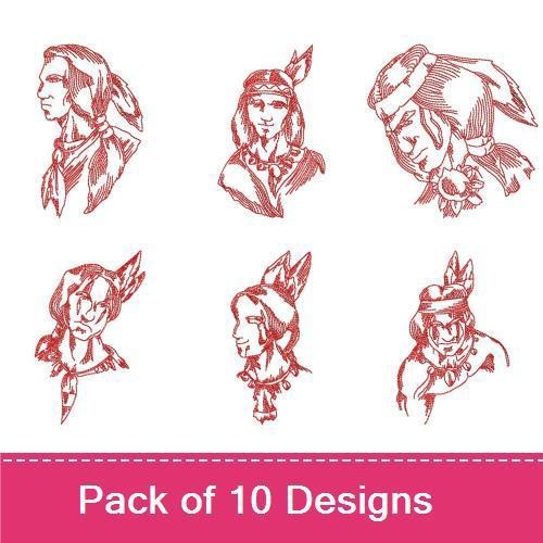 Redwork Native American Portraits Embroidery Designs Bundle – Boy with Headband, Girl with Necklace, Chief & More (10 Designs)