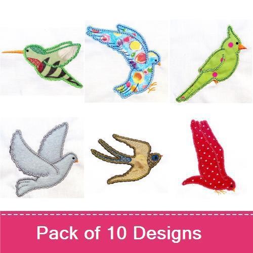 Applique Colorful Birds Embroidery Designs Bundle – Blue Bird with Dots, Yellow Bird, Toucan & More (10 Designs)