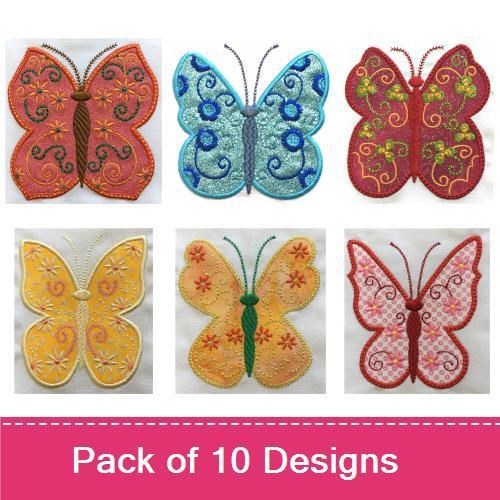 Applique Colorful Butterfly Embroidery Designs Bundle – Orange Butterfly with Floral Patterns, Blue Butterfly with Swirls & More (10 Designs)