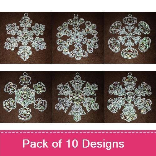 FSL Snowflake Ornament Embroidery Designs Bundle – Snowflake with Leaves, Ornamental Snowflake, Fancy Snowflake & More (10 Designs)