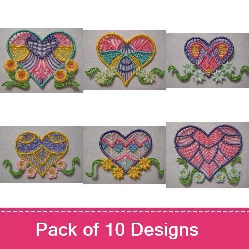 FSL Colorful Heart Lace Embroidery Designs Bundle – Heart with Flowers, Heart Lace Design 1, & More (10 Designs)