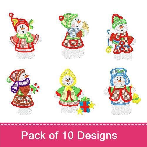 FSL Festive Snowman Embroidery Designs Bundle – Snowman with Red Hat, Green Scarf, Broom & More (10 Designs)