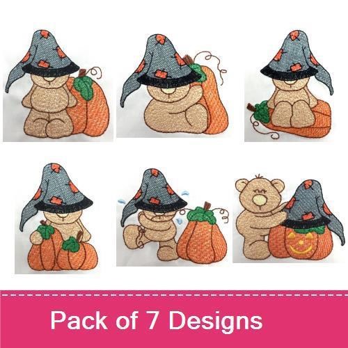 Halloween Bear and Pumpkin Embroidery Designs Bundle – Halloween Bear with Pumpkin, Bear in Witch Hat with Pumpkin & More (7 Designs)