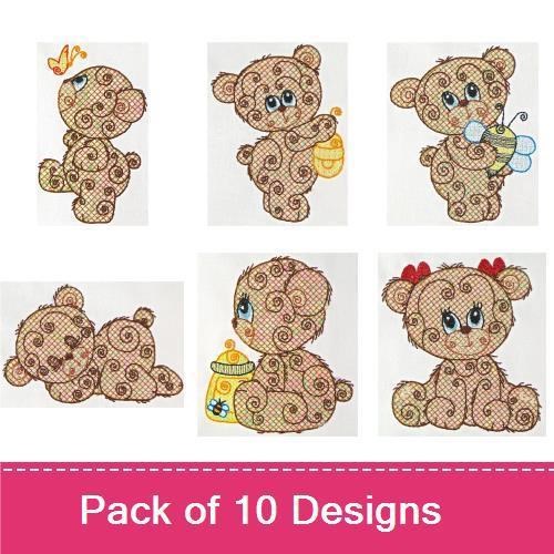 Baby Bear Embroidery Designs Bundle – Cute Bears with Honey, Flowers, Balloons & More (10 Designs)