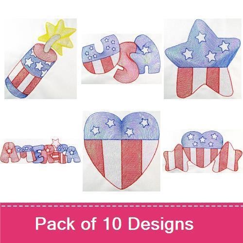 Rippled Patriotic Americana Embroidery Designs Bundle – Firecracker with Star, USA Letters, Patriotic Star & More (10 Designs)