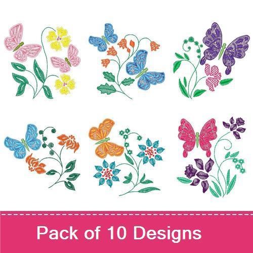 Colorful Butterflies & Flowers Embroidery Designs Bundle – Butterfly with Flowers, Pink Butterfly, Blue Butterfly & More (10 Designs)