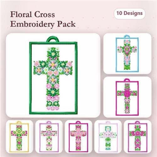 ITH Floral Cross Embroidery Designs Bundle – Floral Cross Bookmark with Purple Edging, Pink Edging, Blue Edging & More (10 Designs)