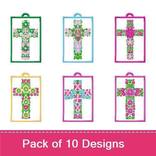 ITH Floral Cross Embroidery Designs Bundle – Floral Cross Bookmark with Purple Edging, Pink Edging, Blue Edging & More (10 Designs)