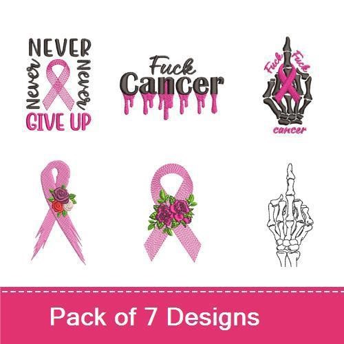 Breast Cancer Awareness Embroidery Designs Bundle – Never Give Up, Fuck Cancer, Pink Ribbon with Flowers & More (7 Designs)