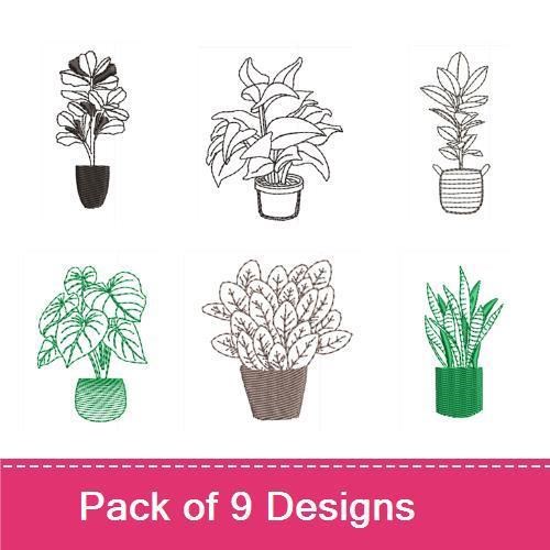 Indoor Plants Embroidery Designs Bundle – Monstera Plant, Watering Can with Plant, Potted Cactus & More (9 Designs)
