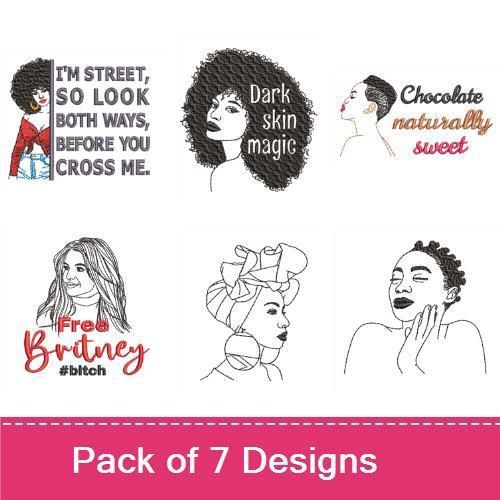 Empowered Women Embroidery Designs Bundle – Curly Haired Woman, Dark Skin Magic, Chocolate Naturally Sweet & More (7 Designs)