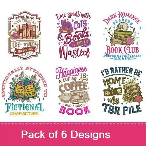 Book Lover Quotes Embroidery Designs Bundle – There's No Such Thing As Too Many Books, Emotionally Attached to Fictional Characters & More (6 Designs)