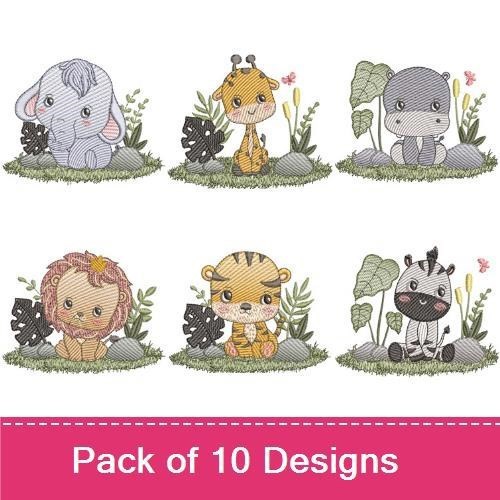 Cute Baby Jungle Animals Embroidery Bundle – Elephant, Giraffe, Hippo, Lion, Monkey & More (10 Designs)