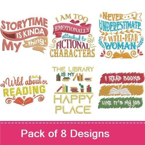 Book Quotes Embroidery Designs Bundle – Book Nerd, Read More Books, Storytime is Kinda My Thing & More (8 Designs)