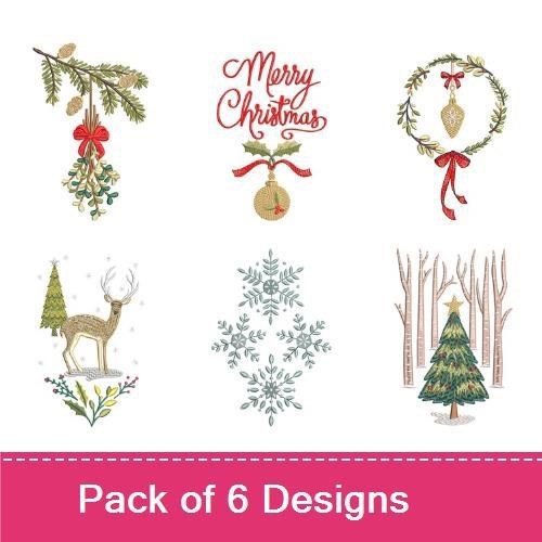 Christmas-Themed Embroidery Designs Bundle – Deer with Tree, Mistletoe with Red Berries, Merry Christmas & More (6 Designs)