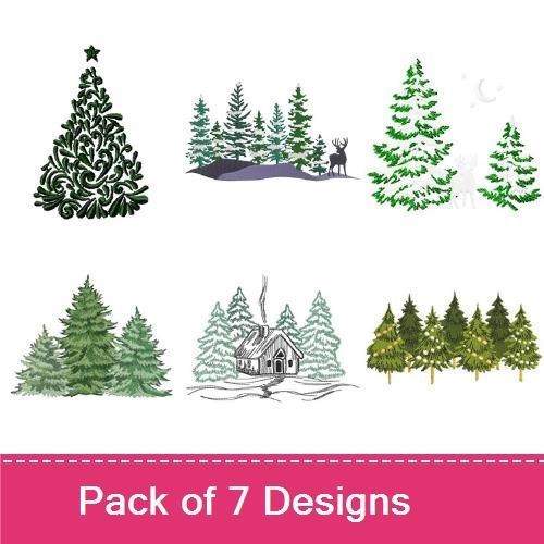 Evergreen Trees Embroidery Designs Bundle – Decorative Christmas Tree, Snowy Pine Trees, Floral Christmas Tree & More (7 Designs)