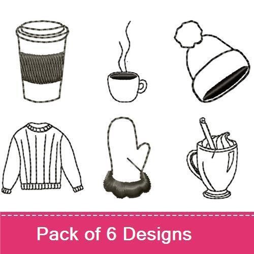 Redwork Cozy Winter Essentials Embroidery Designs Bundle – Beanie Hat, Coffee Cup, Sweater & More (6 Designs)
