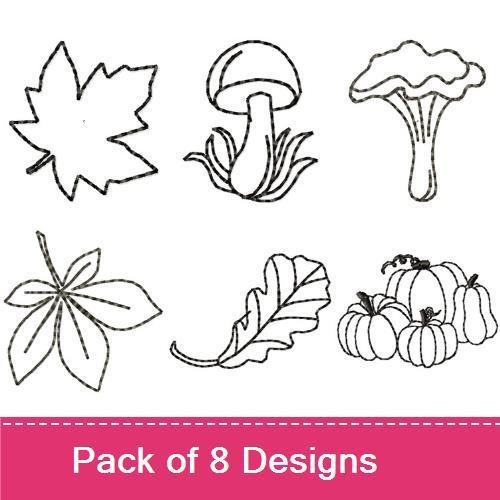 Redwork Autumn Harvest Embroidery Designs Bundle – Pumpkin Group, Maple Leaf, Mushroom & More (8 Designs)