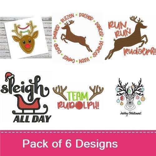 Festive Reindeer Christmas Embroidery Designs Bundle – Reindeer Face, Sleigh All Day, Team Rudolph & More (6 Designs)