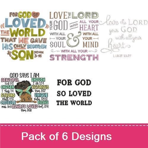 Inspirational Faith Quotes Embroidery Designs Bundle – For God So Loved The World, God Says I Am, John 3:16 & More (6 Designs)