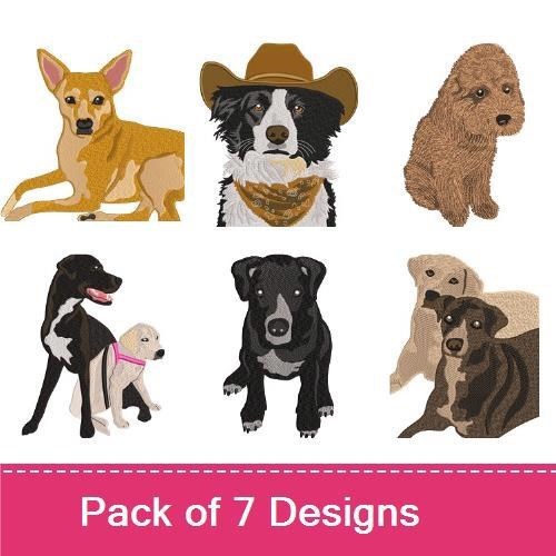 Dogs Embroidery Designs Bundle – Border Collie with Cowboy Hat, Cocker Spaniel, Tan Dog & More (7 Designs)