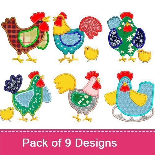 Applique Colorful Farmyard Chickens Embroidery Bundle – Rooster with Blue Body, Hen with Green Pattern, Yellow Chick & More (9 Designs)