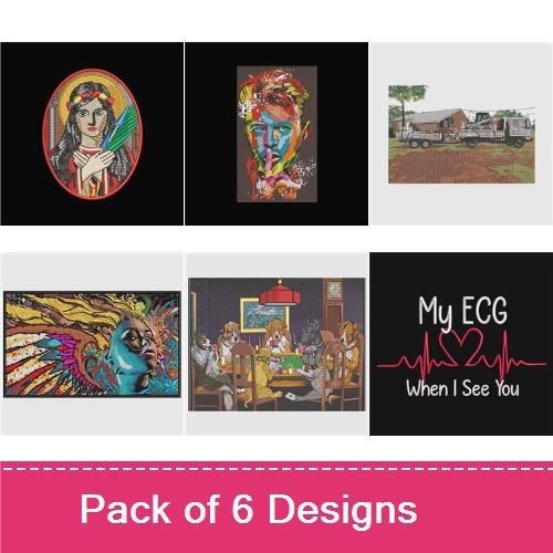 Artistic Portraits Embroidery Bundle – Colorful Portrait, Woman with Feathered Hair, Abstract Face & More (6 Designs)